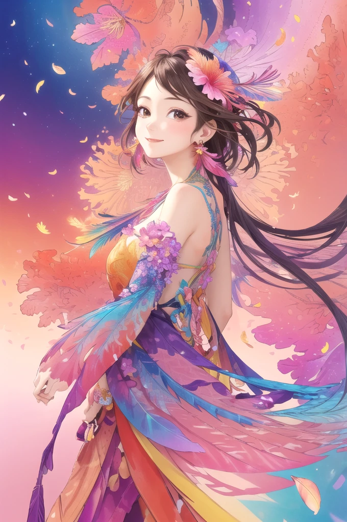(1 girl, alone, From the side), very detailed, (abstract background, tangled, fractal art:1.3), (lots of colors, colorful:1.1), (feather, petal, flowers:1.3), dynamic pose, earrings