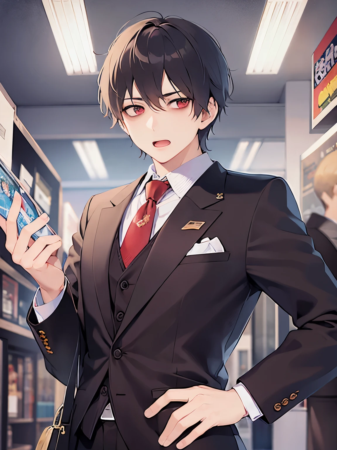 upper body、
masterpiece、Highest quality、BREAK ld male:1.5) and (Brown short hair) and (Red eyes) and (jitome) BREAK
 (Wearing a suit:1.5) and (Red tie)、
（confused ：1.5）、open mouth,
The background is the exhibition hall、Alone、