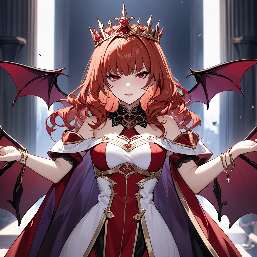 ((Highest quality)), ((masterpiece)), (detailed), （Perfect Face）The woman is a Celica with red hair.、The woman turns evil and becomes a succubus for an evil organization, becoming the queen of evil succubi.