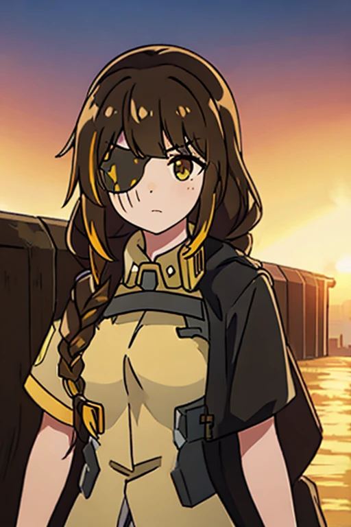 ((Highest quality)), ((masterpiece)), (detailed), One girl, Medium breast, Brown Hair, one yellow strand of hair, M16 (Girl Frontline), sunset background 