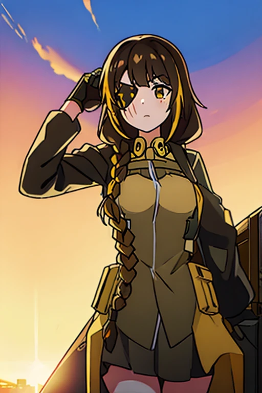 ((Highest quality)), ((masterpiece)), (detailed), One girl, Medium breast, Brown Hair, one yellow strand of hair, M16 (Girl Frontline), sunset background 