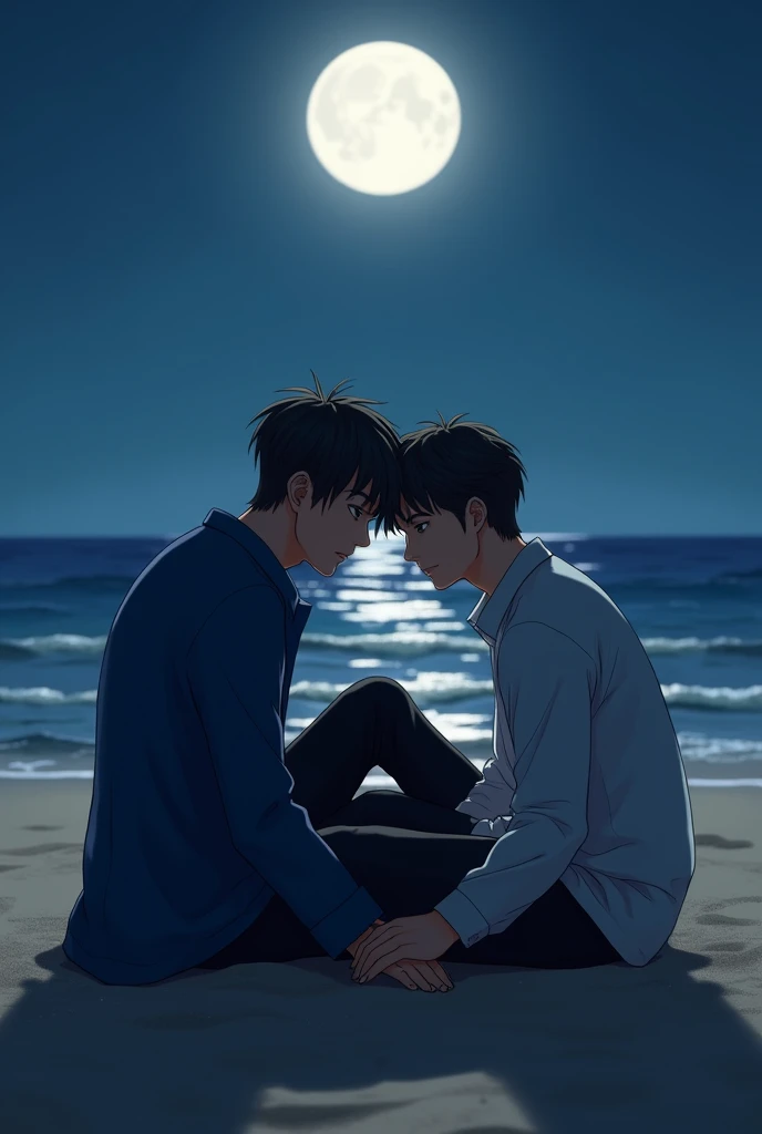 (photorealism:1.2), silhouette shadow of 2 nude handsome Asian boy hugging together with no clothes, standing on the night beach, short hair under the short cut, a night with a lot of star stars, soft lighting, dark sea, dark night and a lot of stars is background, relaxed pose, realistic, intricate details,