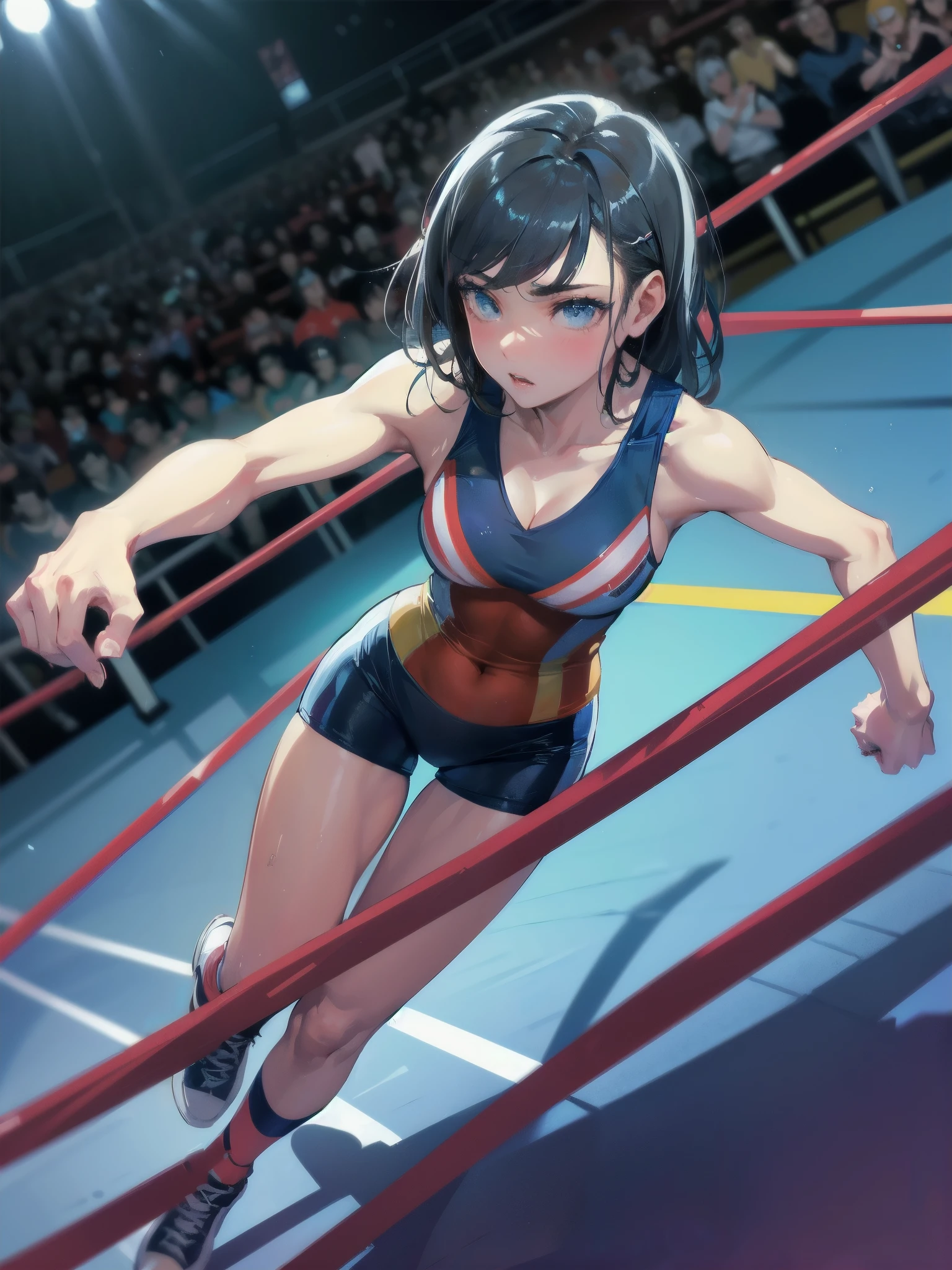 masterpiece, (textured skin), best quality, gorgeous beautiful girl, (a female sport climbing athlete), detailed clothes,large breasts,narrow waist,, (beautiful face), cinematic lighting, (at sport climbing venue ),