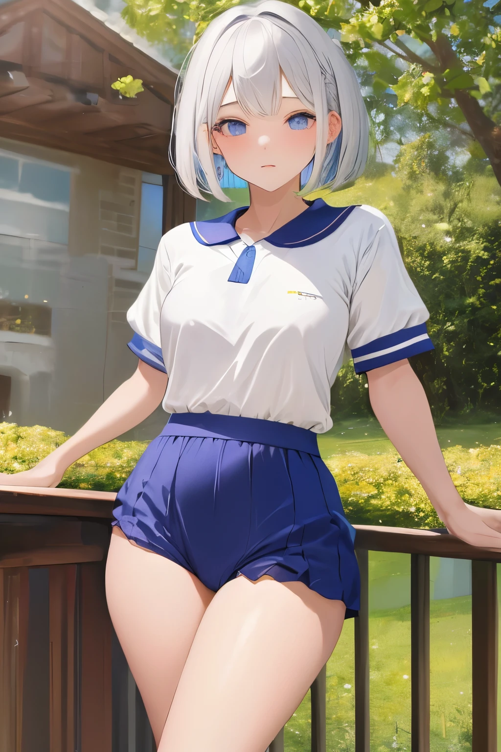 （（（Highest quality、masterpiece、Normal body、8k、Detailed face、Ultra-precision、normal hand、normal finger、５This finger、Highest）））、Silver Hair、Bobcut、beautiful girl、Small breasts、Slender、smart、schoolgirl、Sportswear、Bloomers、buruma、青のBloomers、High leg、超High leg