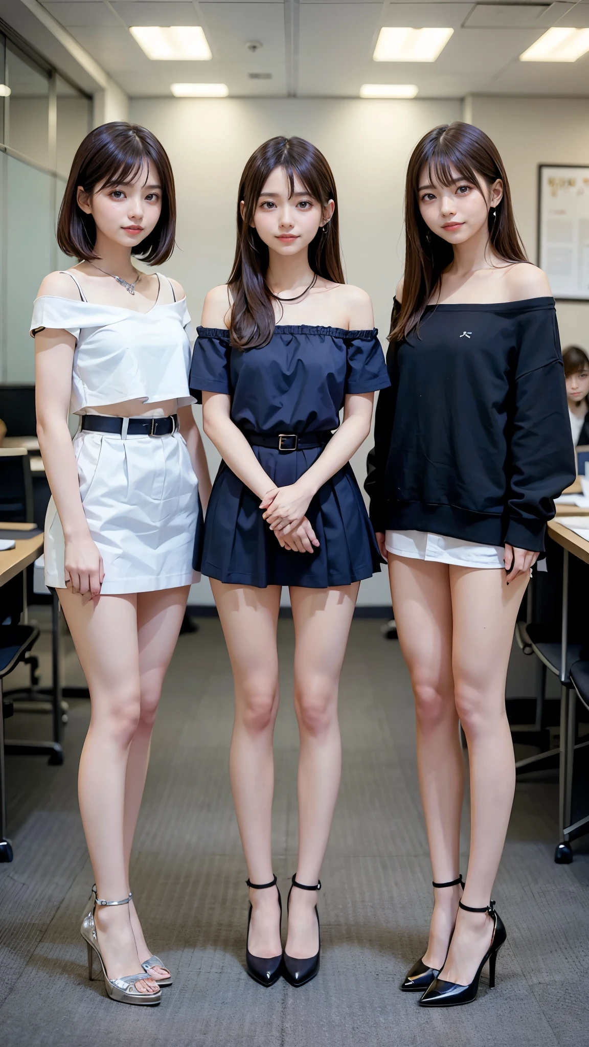 Navel bare, off-the-shoulder with beautiful collarbones、Japanese high school girls、((masterpiece)),(((Highest quality))),((Character design sheet)),Thin thighs,Long legs, (Three Girls:1.5), beautiful,Japanese, mature, 2, office workers, (Close Relationship, Short skirt), ({money| silver| wine-red| navy| pink| Yellow green| violet| Sky blue} Clothes), (smile), (bangs), high waist, (office, indoor, Glass Room), ( High heels, whole body:1.2), (Medium Chest:1.3), (crowd)、The first one is Keiko Kitagawa..,The second person is Haruka Ayase..,3The first one is Kanna Hashimoto.,Long legs、Thin thighs、High resolution, Anatomically correct, 最high quality, High detail, High-resolution model, high quality, Very detailed, Ultra high definition, Textured skin,