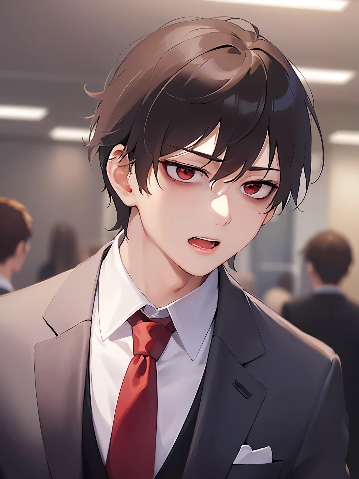 side angle,upper body、head down、
masterpiece、Highest quality、BREAK ld male:1.5) and (Brown short hair) and (Red eyes) and (jitome) BREAK
 (Wearing a suit:1.5) and (Red tie)、
（downcast：1.5）、open mouth,
The background is the exhibition hall、Alone、