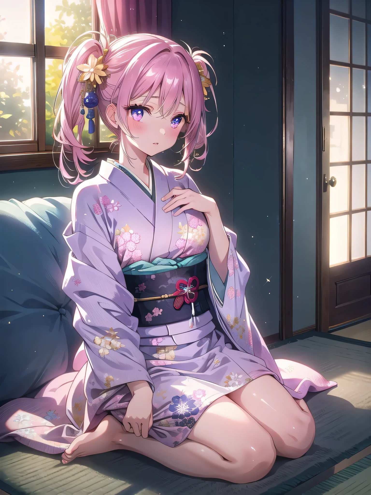 (A beautiful young Japanese woman), nsfw, Detailed Background, (((独奏))), ((Excellent anatomy: 1.2)), (Pink Hair, Short ponytail), Big Tits, (dark skin:1.3), (green eyes), (Beautiful Eyes), (((print light blue stripe yukata))), (cleavage), (Angry:1.2), Blushing, Earrings, (sitting on futon:1.5), (Japanese style room, tatami, futon, mattress, pillow), Beautiful thighs, from above, from front, (((??????)))