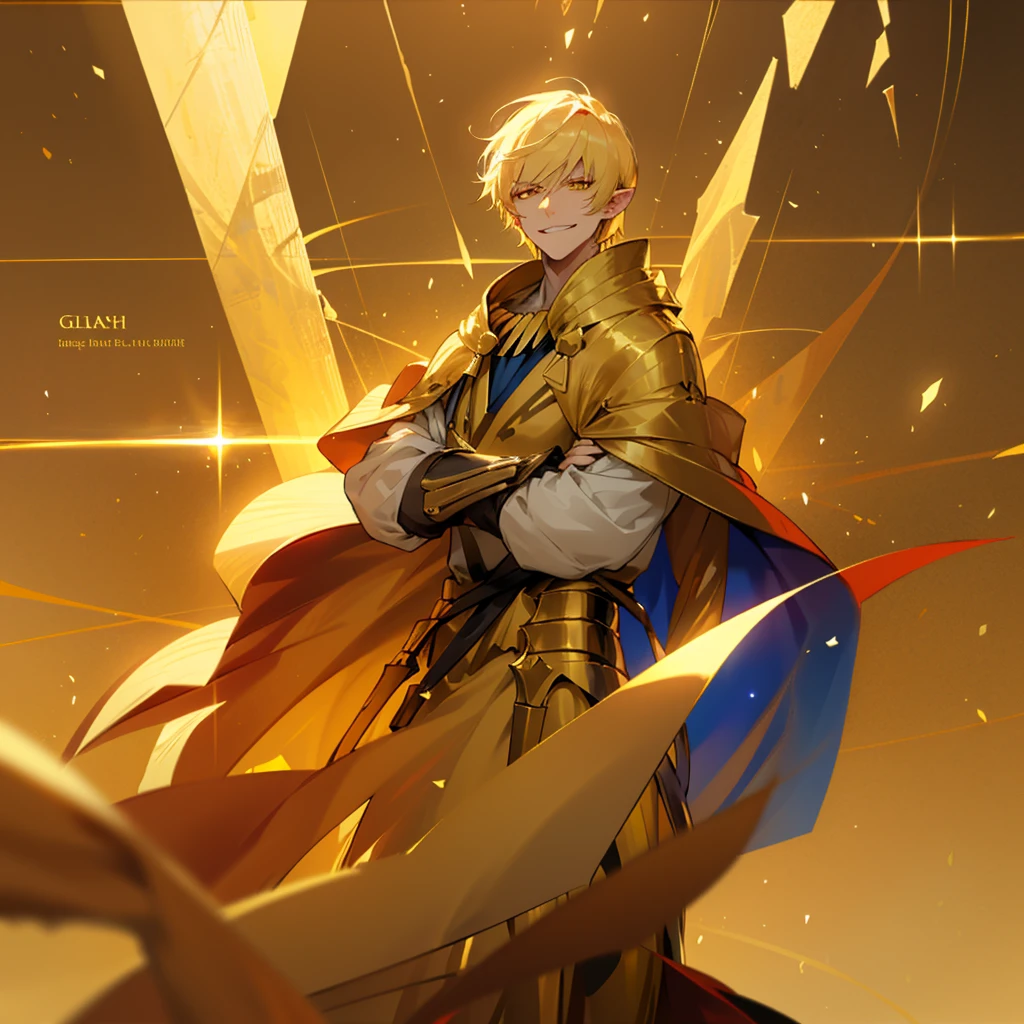 elf, man, male, intelligent, grinning, arms crossed, standing, very short hair, short hair, blonde, golden eyes, slant eyes, sanpaku, pale skin, toned body, gold background, outside, on the salt flat, fantasy, beautiful, coat, straight hair, gilgamesh, pointy ears, golden eyes