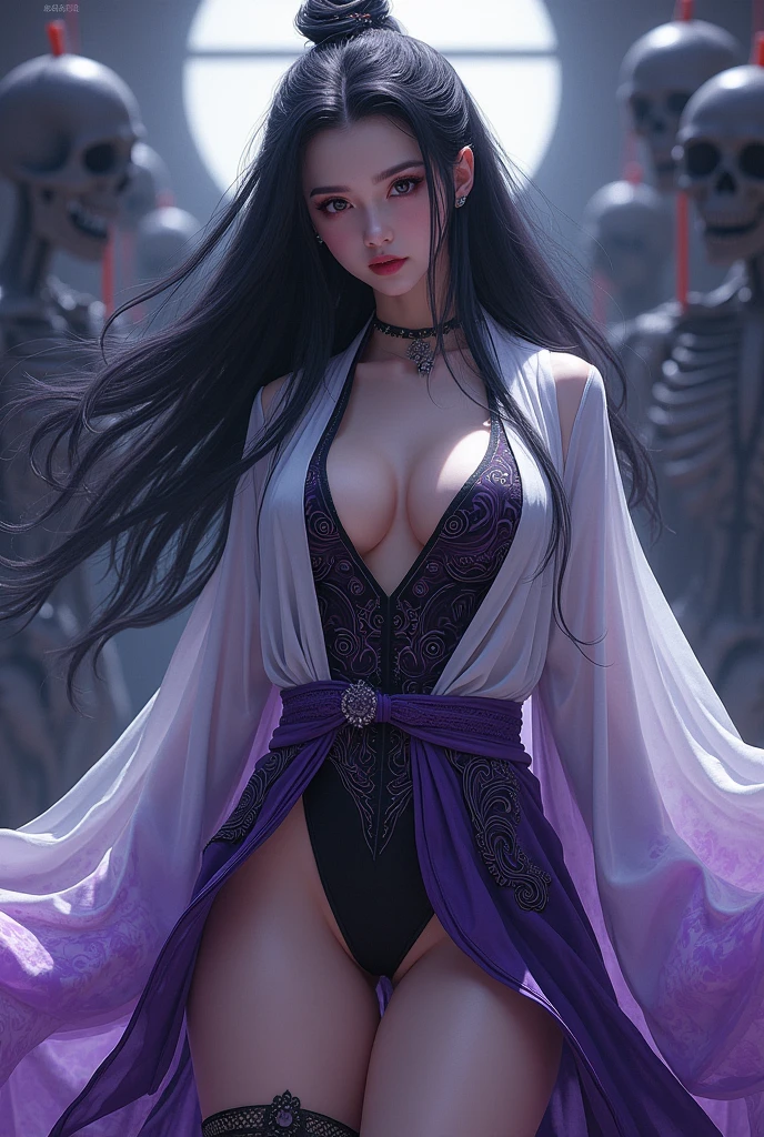sexy Spanish model who controls poison、beautiful smile、lip-gloss、long lashes、intense makeup、look at the camera、full body Esbian、、sparkling poisoned flower costume、、、、shiny sparkling multicolor hair、secrete poison、skull hair accessories、sexy tights、shiny sparkling dark magic forest background
