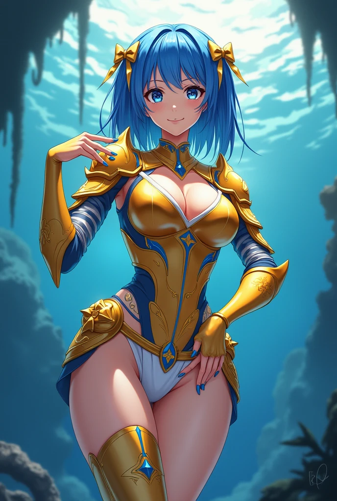 full body,masterpiece, high details, high quality, best quality, anatomically correct, masterpiece, textured skin, super detail,ultra-detailed, best quality, extremely detailed, 8k, high res, realistic, 1girl, 16yo,BREAK,beautiful girl, (half closed eyes),(narrowed eyes:1.2),(open mouth), (blush:1.2),BREAK,(armor,navel exposed:1.8),blue beautiful eyes, (blue medium bob hair,asymmetrical parted bangs:1.6),BREAK,(voluptuous bust:1.5),(Gaunt , thin waist:1.3),BREAK,(arms up, wrist shackles, raise knees:1.5),(captive:1.4),(be hanged by a chain:1.5),(spread legs;1.3),(white background:1.5),