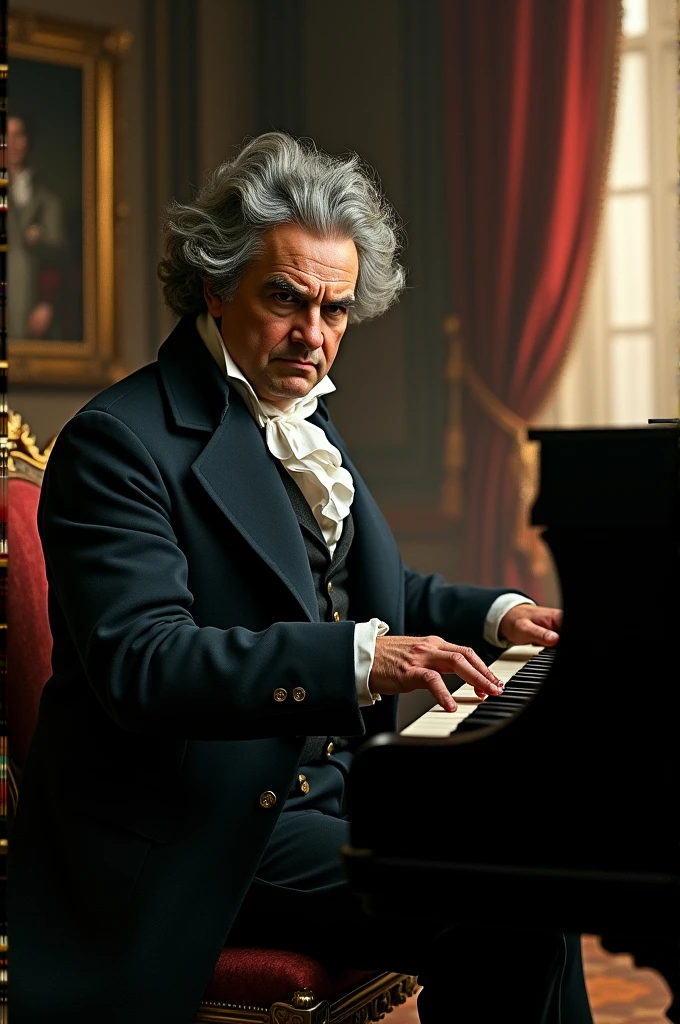 <lora:ludw1gvb33th0v3n_v1.0:0.8>, a photo of a man with a messy hair style, wearing a 1801 suit, sitting on a bed, window, curtains waving, sunny sky outside the window, (8K, best quality:1.2), (masterpiece:1.37), (photorealistic:1.2), (ultra realistic:1.2), (ultrahigh-res:1.1), (high contrast:1.1), (intense:1.1), (detailed:1.1), (perfect body:1.1), (dynamic pose:1.1), (highest quality, Alessandro Casagrande, Greg Rutkowski, Sally Mann, concept art, 4k), (analog:1.2), (high sharpness), real shadow, 3d, (by Michelangelo), photographed by Canan EOS R6, 135mm, 1/1250s, f/2.8, ISO 400