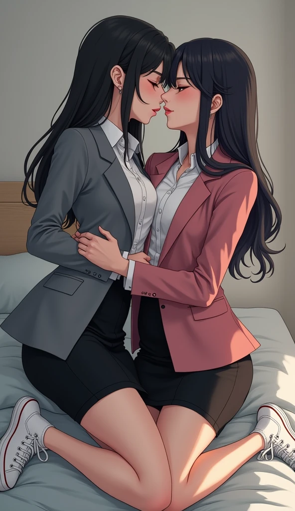 Two girls, long black hairs, yuri, lesbian.
The first girl wear a pink suit jacket, white shirt, black pencil skirt, black underpants, black tights, white socks.
The second girl wore a grey suit jacket, white shirt, black pencil skirt, black underpants, black tights, white socks.
french kiss, lesbian kiss, hugging, sensual body, used one hand insert fingers to inside the black underants, closed eyes, light blue living room, novel cartoon, 4K, HD
