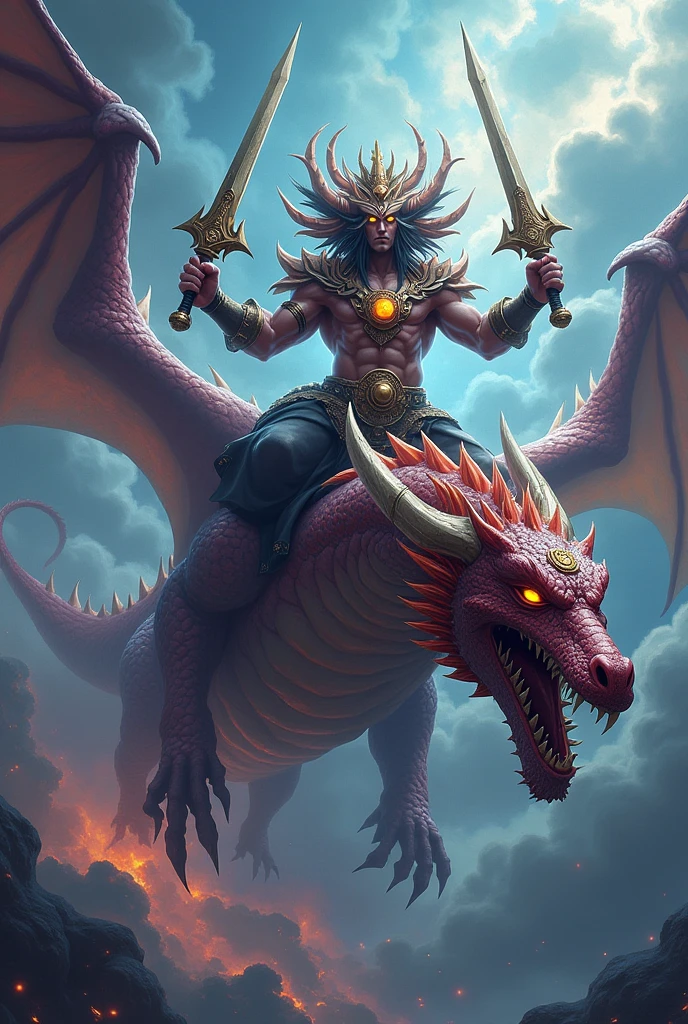 a dragon,on its back there is a man riding,he is an anime character,have super long hair,white,he has bulging muscles,holding the multiverse ball in hand