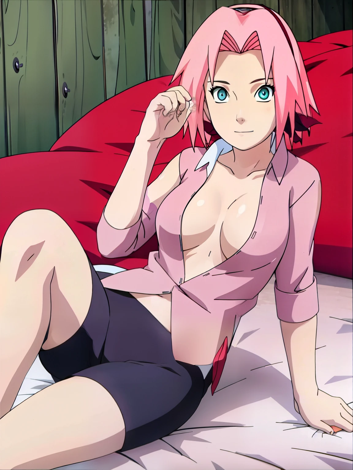 Lying on bed open shirt showing bra sexy body full body