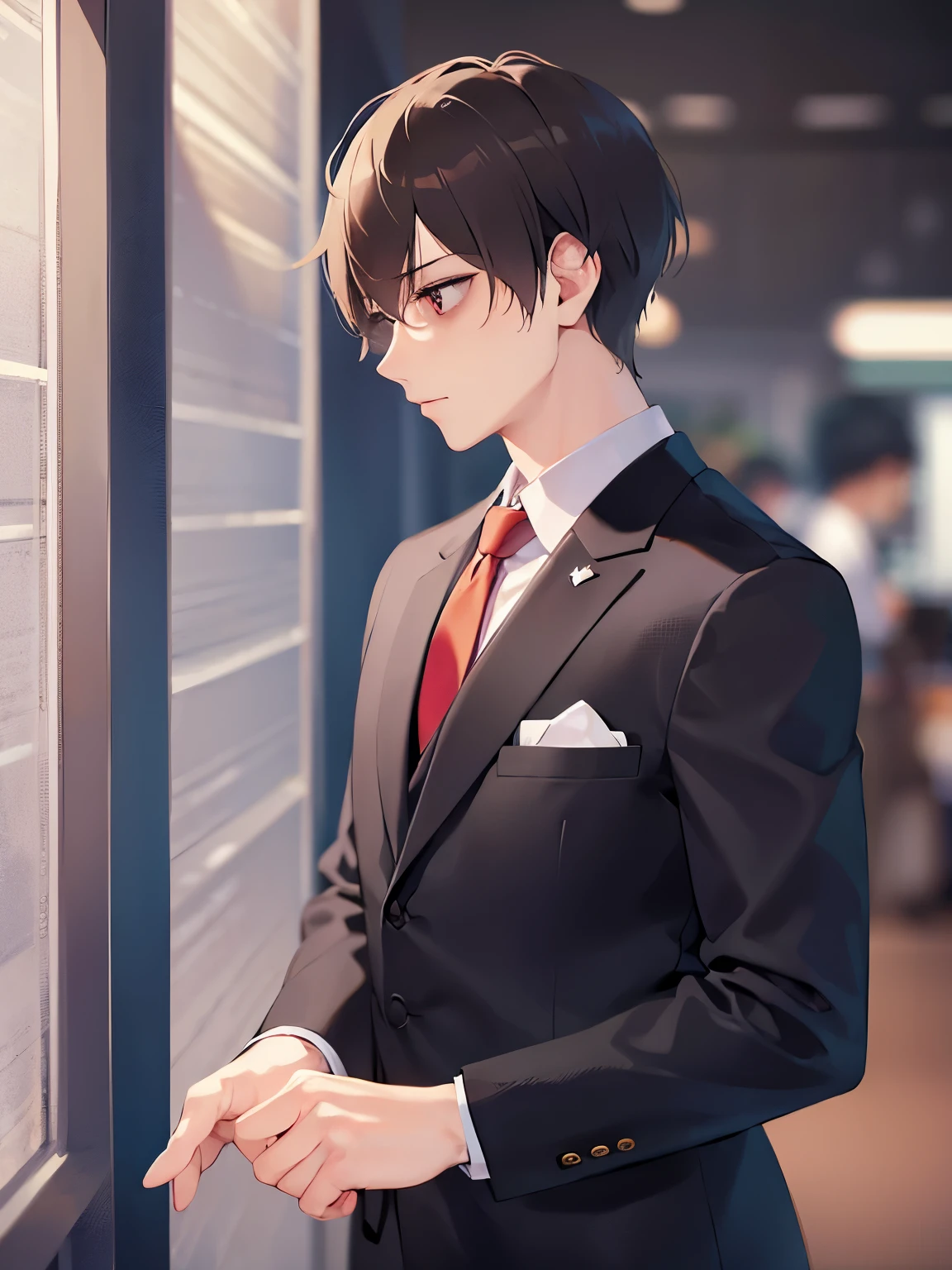 (looking away:1.5),side angle,upper body、head down、
masterpiece、Highest quality、BREAK ld male:1.5) and (Brown short hair) and (Red eyes) and (jitome) BREAK
 (Wearing a suit:1.5) and (Red tie)、
（downcast：1.5）、
The background is the exhibition hall、Alone、