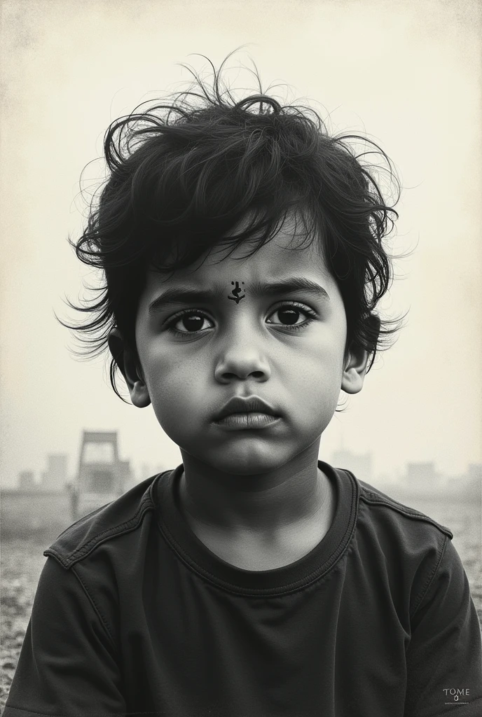 A black & white background, 2, a Bangladeshi baby with funky face & eye. Forehead is broken.