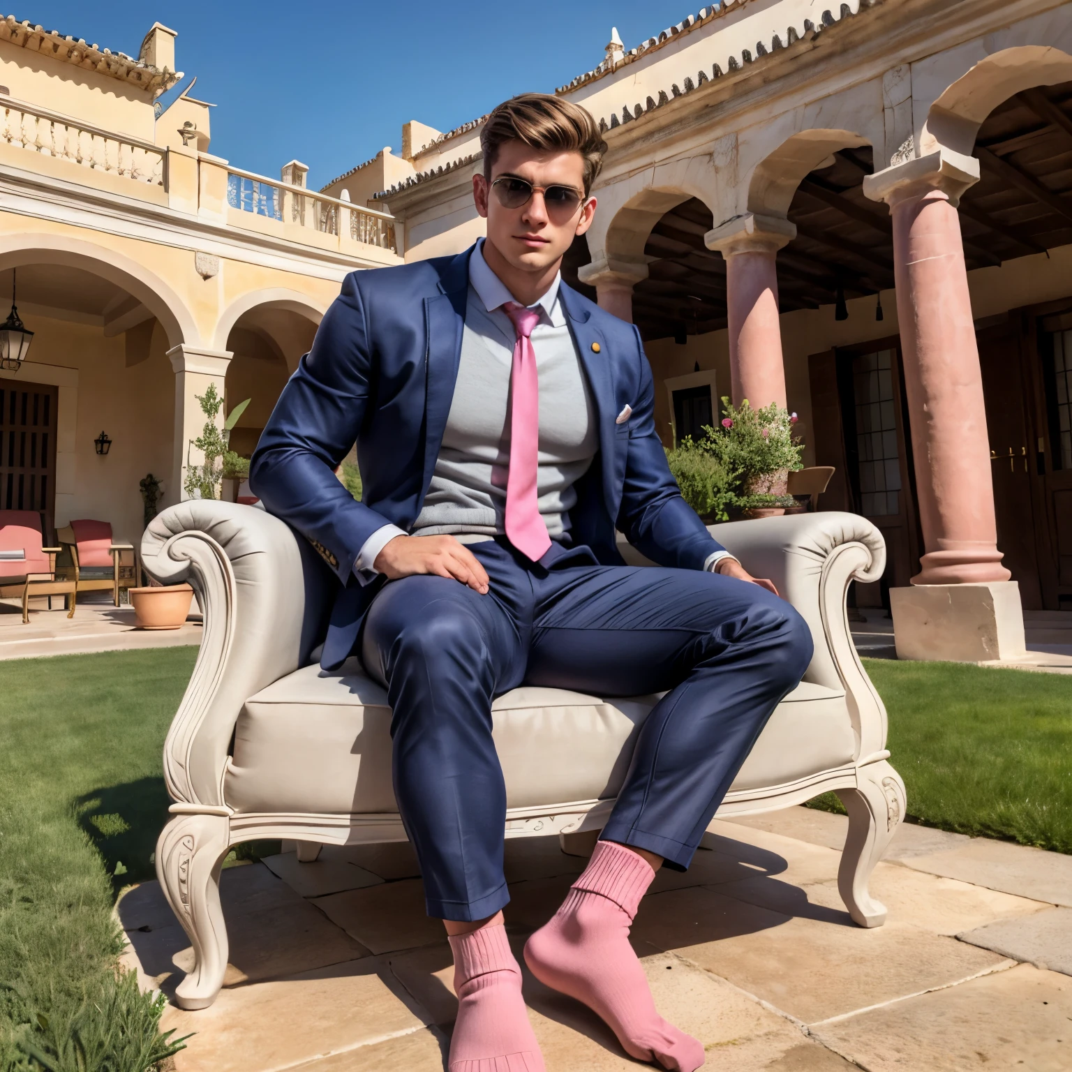 full body photo of one young 18 yo european white preppy handsome man with a excessively big, strong, hooked massive nose, wearing navy-blue blazer, grey chino pants, light-pink ribbed socks, no shoes, light-pink shirt, navy-blue tie, preppy haircut, wayfarer black sunglasses, one ancient precious gold signet ring, arrogantly posing in his pink socks in the middle of terrace chairs in front of mansion in Andalusia, Spain. 