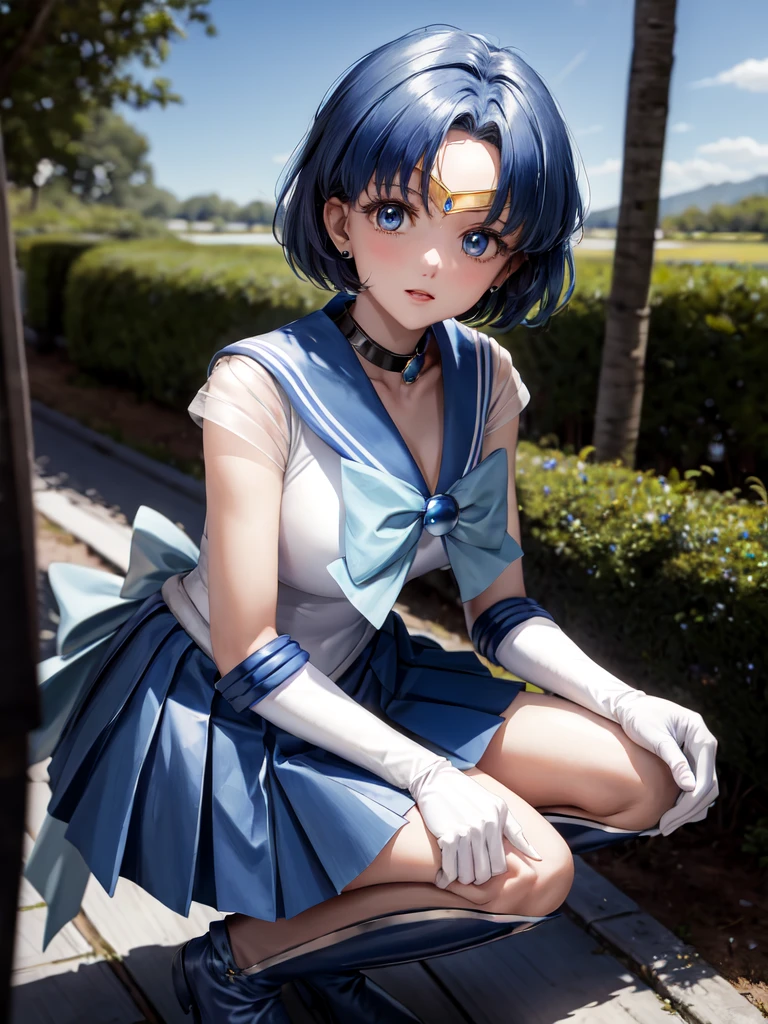 1girl, sailor mercury, bishoujo senshi sailor moon, elegant detailed eyes, detailed facial features, long eyelashes, beautiful detailed lips, elegant detailed pose, highly detailed, masterpiece, 4k, hyper realistic, photorealistic, cinematic lighting, dynamic composition, intricate details, vibrant colors, soft dreamy atmosphere, magical girl fantasy, upper body shot, aamercury, short hair, blue hair, tiara, earrings, blue eyes, blue choker, blue sailor collar, blue bowtie, white shirt, elbow gloves, white gloves, pleated skirt, blue skirt, bare legs