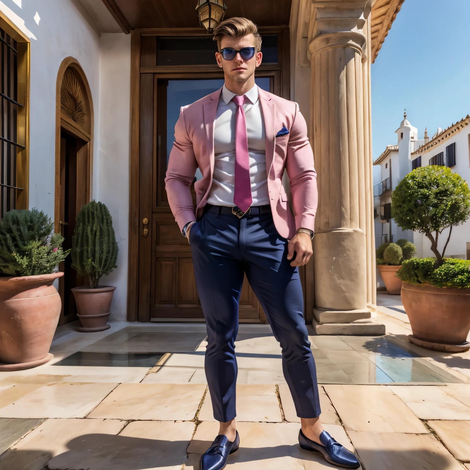 full body photo of one young 18 yo european white preppy handsome man with a excessively big, strong, hooked massive nose, wearing navy-blue blazer, grey chino pants, light-pink ribbed socks, no shoes, light-pink shirt, navy-blue tie, preppy haircut, wayfarer black sunglasses, one ancient precious gold signet ring, arrogantly posing in his pink socks in the middle of terrace chairs in front of mansion in Andalusia, Spain. 