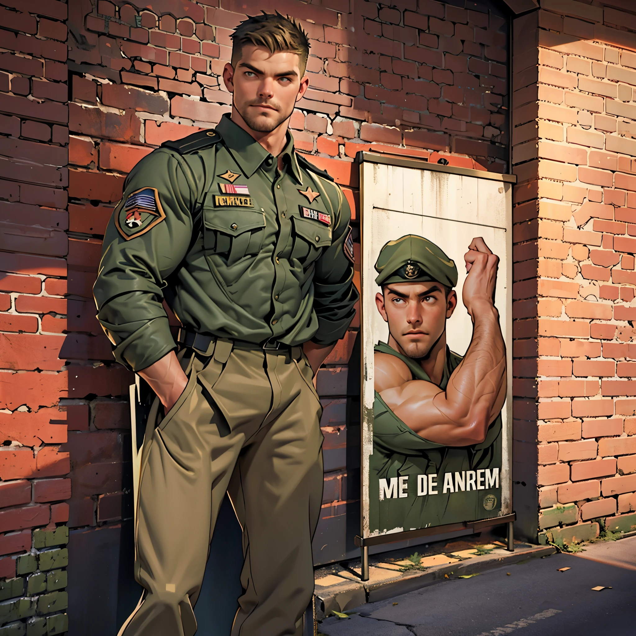 32k, high quality , detailed face , detailed hands , detailed muscles , stephen amell standing and posing as a military man ,standing with spread legs, showing his muscles , ((background brick wall with lot of army posters ))
