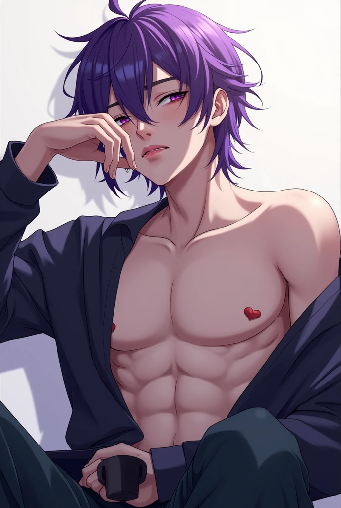 Best quality, 1male, Scaramouche, Genshin Impact, Tall, Purple hair, naked, bedroom, big dick