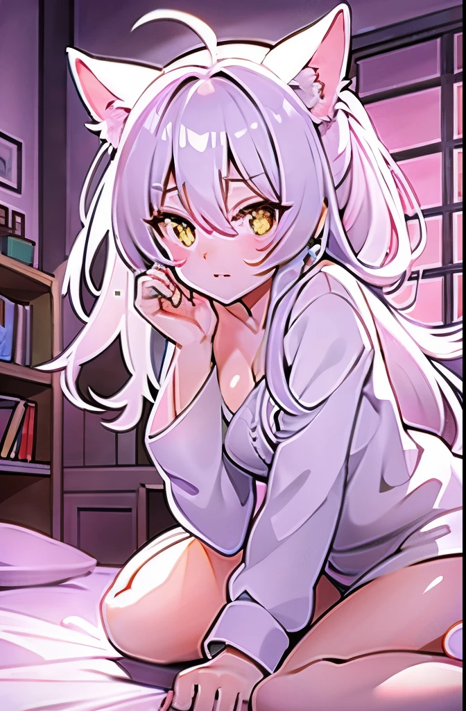 A submissive catgirl lying naked on doctor's table. She has messy white hair, small breasts, and is an adult. She is totally nude. Her body is covered in sweat