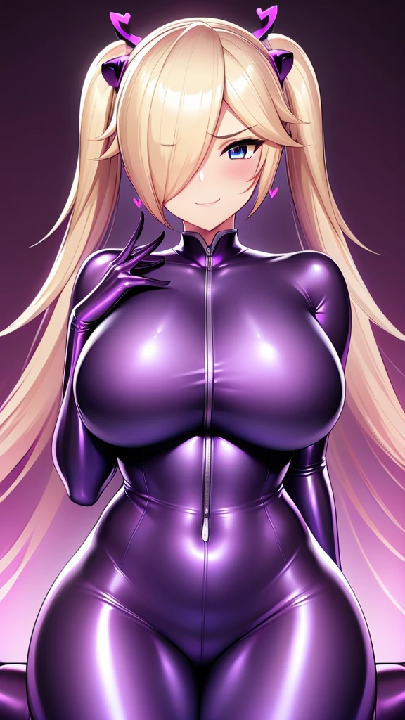 Erotic　Rosalina　Blonde long twin tails　Purple latex rubber suit, high heels, heart shaped bedroom, purple lamplight in love hotel, dark theme, evil, temptation, excitement, condescending, evil, grinning face, yandere, trance, upper body emphasis, facing forward, blushing, little devil