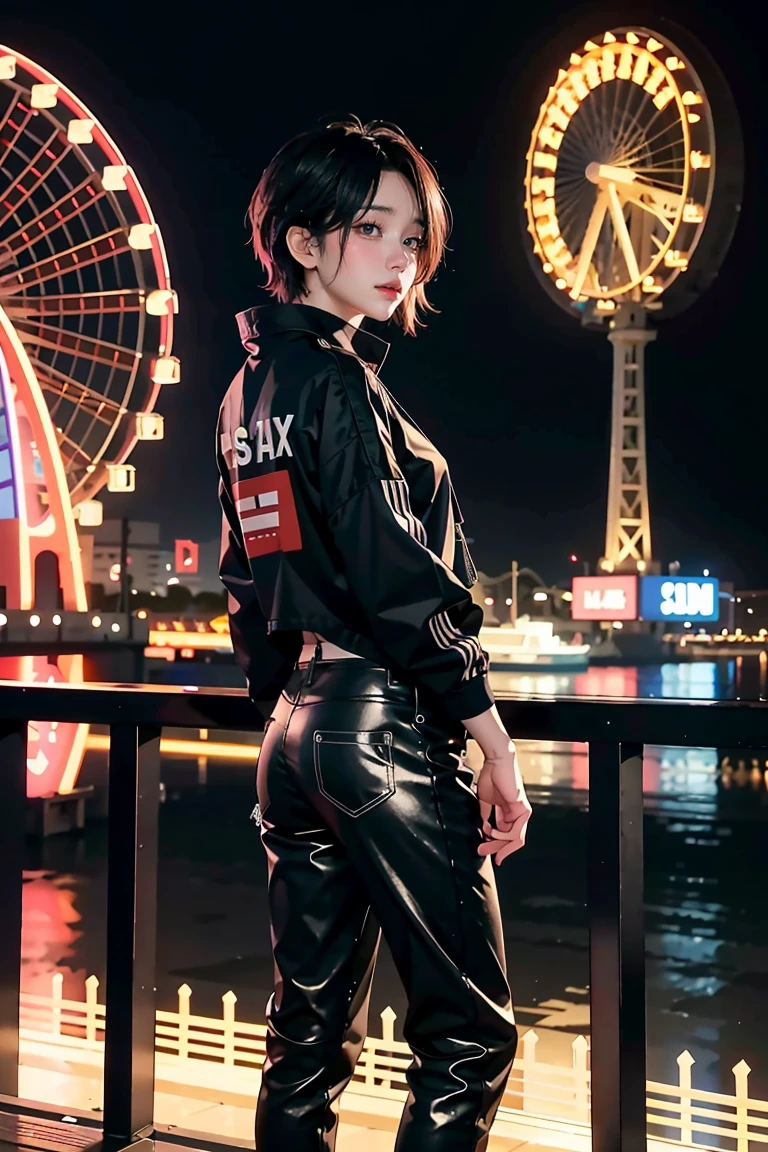 arafed woman standing on a ledge with a ferris wheel in the background, hyung tae, jinyoung shin, album art, cai xukun, profile picture 1024px, kim doyoung, hong june hyung, yanjun chengt, bladee from drain gang, male ulzzang, xintong chen, taken with canon eos 5 d mark iv