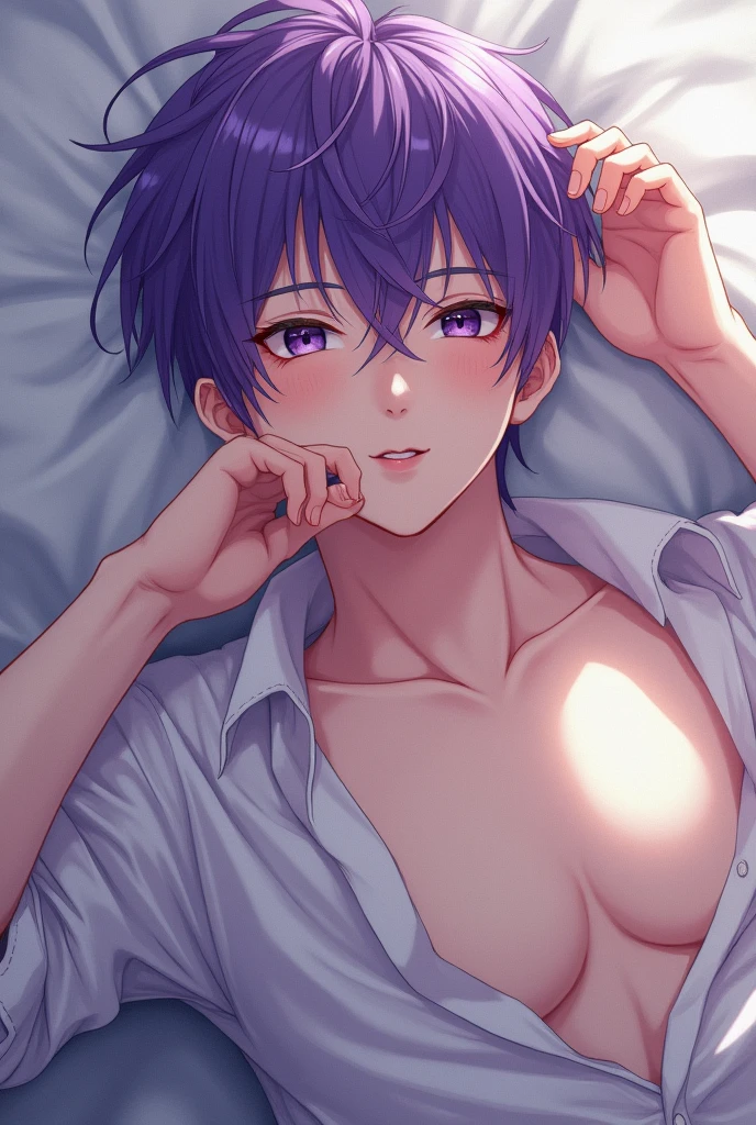 himeno, himeno(Chainsaw Man), 1girl 1boy, mature female, mature, Adult, black hair, short hair, eyepatch, POV, purple briefs, erection, foreplay, Lying down, Scratching briefs with fingernails, Play with the penis, provocative, White spots on briefs, seductive smile, sweat, Villains, Dark bedroom, Night, Dark, dramatic angle, unique perspective, unique angle, masterpiece, Top animation quality, Top image quality, 