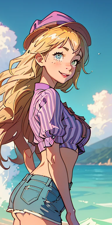 (Highest quality, masterpiece), One girl, Upper Body, front leg pose, smile, Laughter, Happy, Ocean, Crop top, Shorts, blonde, freckles, blush, View your viewers, Wavy Hair, Long Hair, cloud, Splash, Wave, sun, Mountain, Wet and thick, Sensual, Rustic, 30-year-old woman, Long yellow hair, Hazel green eyes, Huge saggy breasts, Big perky ass, Lilac hat, Vertical striped lilac shirt, デニムShorts, 優しいsmile, 2.5D Comics, Cinematic, dramatic, Dynamic Views,