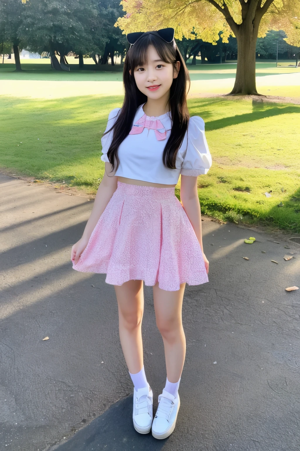 A woman in a pink skirt and white shirt standing on a sidewalk - SeaArt AI
