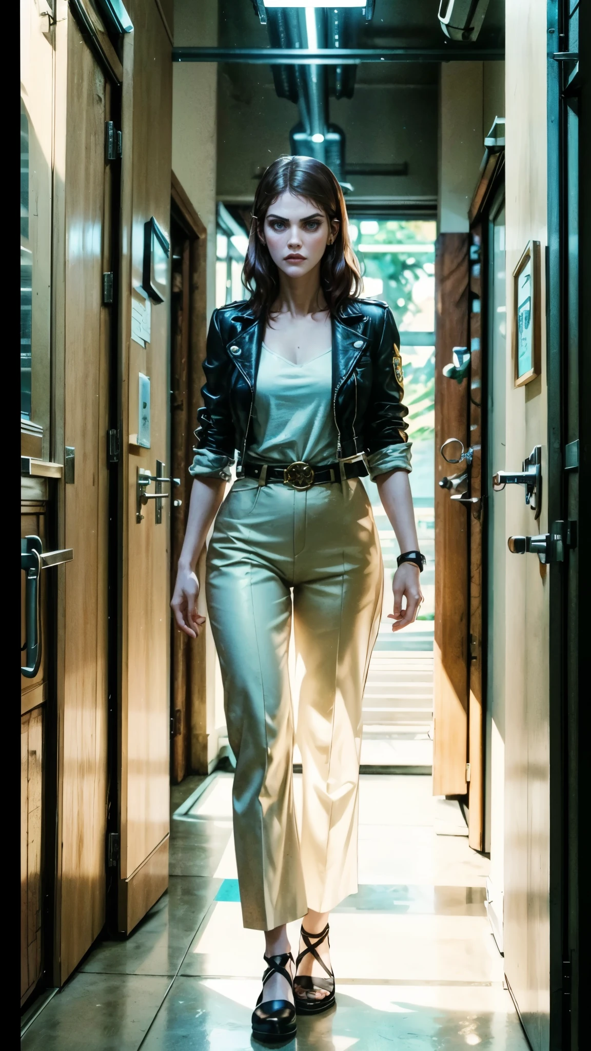 (masterpiece:1.2, best quality:1.2, extremely delicate:1.2), ((Alexandra Daddario:1.2)), a young women with short purple hair, side-parted bangs, wearing a headband, a determined gaze, a serious expression, a futuristic fantasy-style leather jacket featuring multiple ring designs, a belt with a large circular buckle, matching pants, leather fingerless gloves, the background features a complex futuristic fantasy-style street, this character embodies a finely crafted futuristic fantasy-style street fighter in anime style, exquisite photography, Photo realism, photorealistic, perfect skin, dramatic, high definition, highres, ultra-detailed, ultra-fine painting, professional, perfect body proportions, golden ratio, anatomically correct, symmetrical face, extremely detailed eyes and face, high quality eyes, creativity, RAW photo, UHD, 32k, Natural light, cinematic lighting, (masterpiece-anatomy-perfect:1.2)