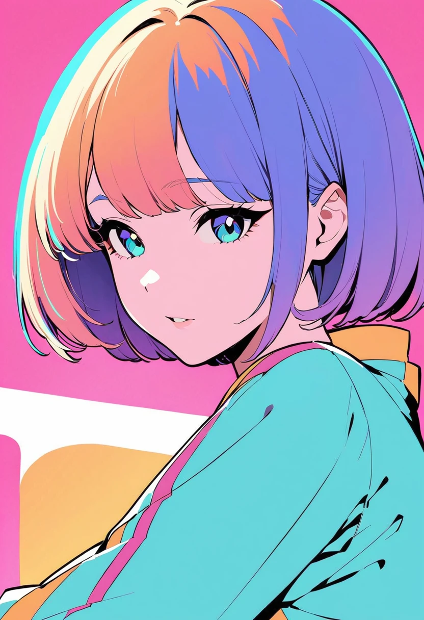 (Highest quality:1.2, City Pop Style, Very detailed, Latest, Vibrant, High Contrast, masterpiece:1.2, Highest quality, Best aesthetics), girl, (upper body:1.4)), Colorful Hair, Bobcut, pastel colour, 1980s style, ((Retro, Vintage, Plain background))、Looking at a computer display