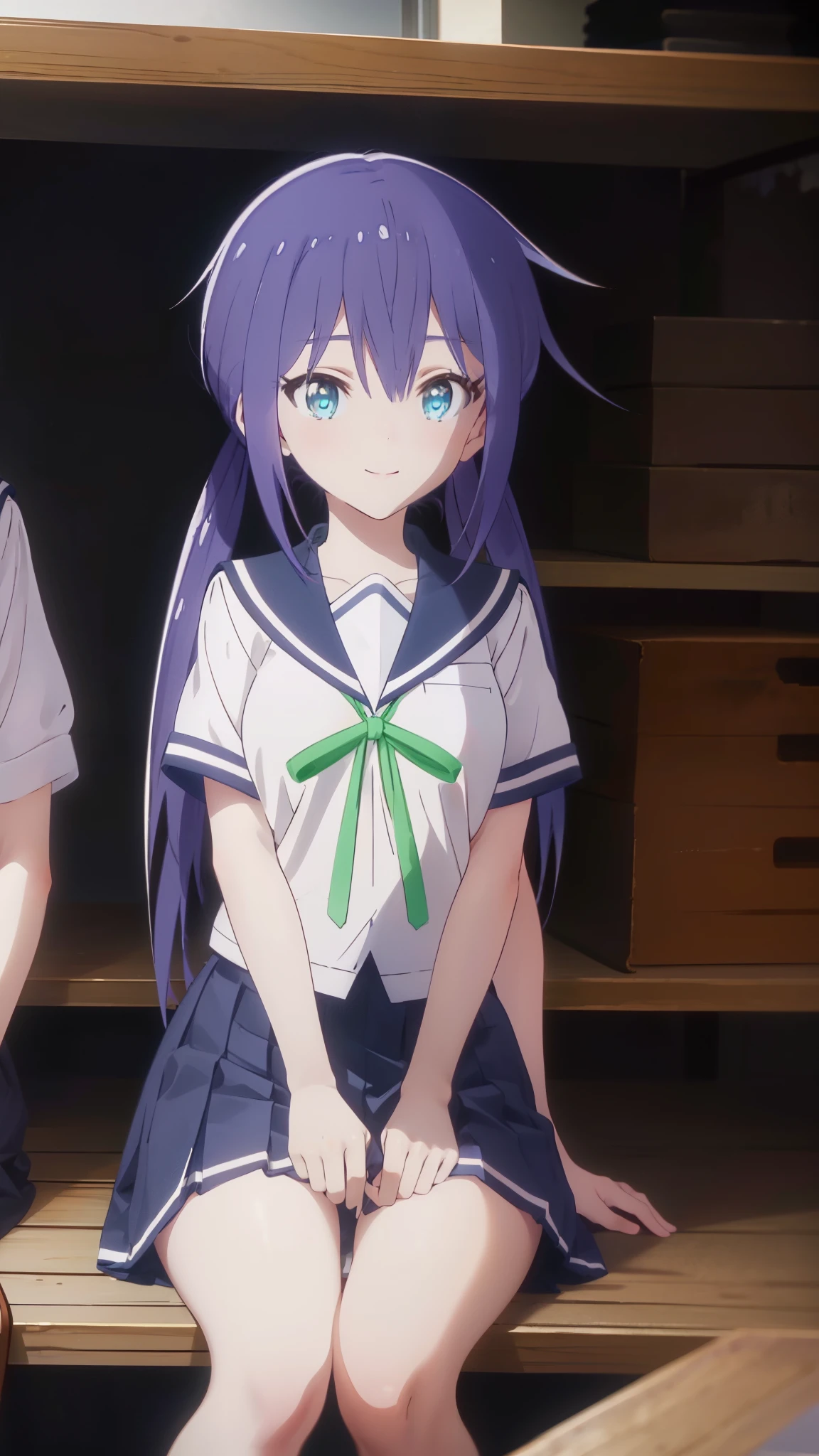 Ao Manaka, long hair, blue hair, (blue eyes:1.5), smile,smile,Sailor suit, Short sleeve_uniform, uniform, green_ribbon, Navy Blue_skirt,The front is open,barefoot,window　building street,Sunlight through the gap between buildings,morning,sunrise,sitting,
BREAK indoors, living,
BREAK looking at viewer,
BREAK (masterpiece:1.2), highest quality, High resolution, unity 8k wallpaper, (figure:0.8), (detailed and beautiful eyes:1.6), highly detailed face, perfect lighting, Very detailed CG, (perfect hands, perfect anatomy),