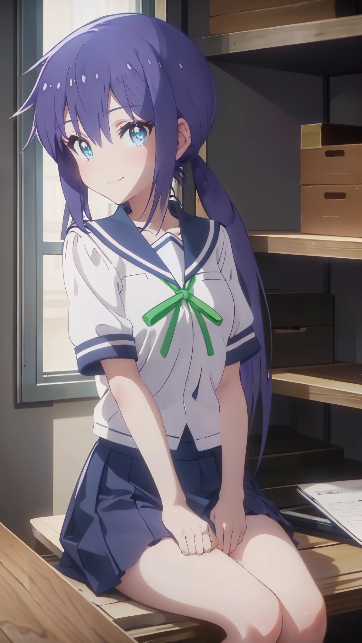 Ao Manaka, long hair, blue hair, (blue eyes:1.5), smile,smile,Sailor suit, Short sleeve_uniform, uniform, green_ribbon, Navy Blue_skirt,The front is open,barefoot,window　building street,Sunlight through the gap between buildings,morning,sunrise,sitting,
BREAK indoors, living,
BREAK looking at viewer,
BREAK (masterpiece:1.2), highest quality, High resolution, unity 8k wallpaper, (figure:0.8), (detailed and beautiful eyes:1.6), highly detailed face, perfect lighting, Very detailed CG, (perfect hands, perfect anatomy),