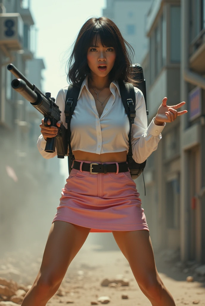 modern city with rioters and police fighting each other in the streets, burning cars, broken bottles and glass, molotov cocktails, fire, burning buildings, bright flashing police lights, fire trucks and ambulances, soldiers in riot gear, two beautiful nude Asian women walk away down the street revealing their backside and ass wearing thigh high high heeled boots and garter belt ,pink, or blue, or black or white fishnet stockings and a pink garter belt