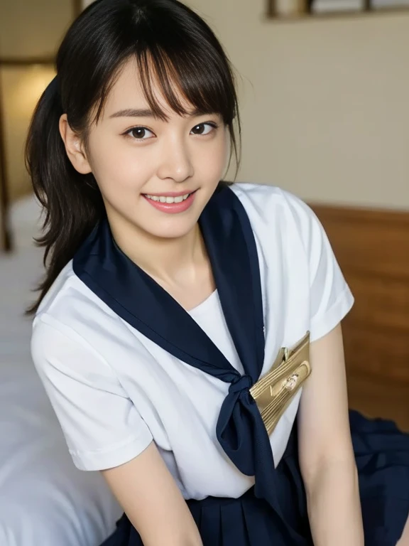 (Masterpiece, Best quality:1.4), (Ultra realistic, Photo-realistic:1.2), Full body, (lying, From above), Natural light, 2 actress, Japanese women, Neat and clean, (Sailor suit, School, Dark navy sailor collar, White short sleeve suit, Dark navy pleated skirt, Dark navy ribbon), White socks, (Short Ponytail:1.3), Short wavy hair, Light brown hair color, (Beautiful Faces), Oval face, clear, (Beautiful eyes, Kind eyes), Clear skin, Small face, Small mouth, Beautiful mouth, Natural makeup, Approachable, On the beach, Seductive, (Beautiful thighs), Bedroom eyes, Open leg, nsfw, Lesbian couple, Petting together, Obscene reality of girls, Erotic pose, Erotic smile, 