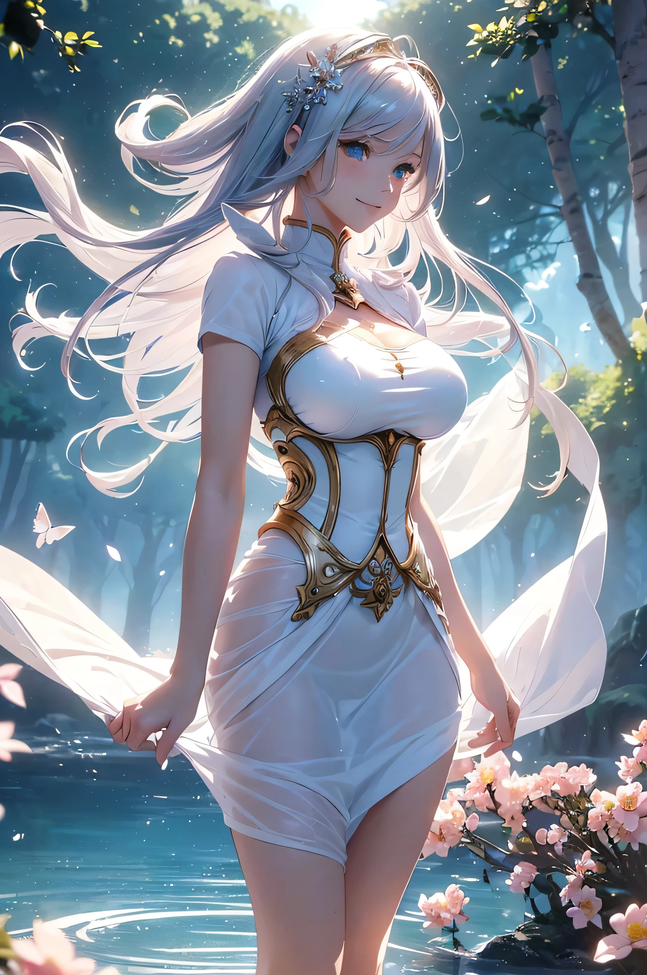 ((From the waist up))((masterpiece:1.5、8k、Portraiture、Photorealistic and very detailed CG、Very detailed、Particle Effects、Dynamic Effects、Written boundary depth、Cinematic Light、Lens flare、Ray Tracing、Tabletop、Realistic:1.4、超A high resolution:1.2、Realistic、Realistic))((alone、,Woman in turtleneck dress:1.4、Model-like pose:、Side bust、Ample breasts、Detailed face、brightexpression、young, bright, Whiter skin、Best Looks、Ultimate beauty、White hair with shiny highlights:1.8、bright and shiny hair,、Super long, Silky straight hair、Hair swaying in the wind))(Wonderful transparent flower々Surrounded by、White Background、Great background、Thin petals fluttering down)