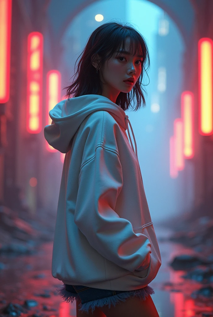 Masterpiece, 4K wallpaper, Masterpiece sci-fi cyberpunk city, fantasy sci-fi, neon glow lights city, ( Subject ( 1girl, A cute japanese women with beautiful hair, wearing an youth stylist oversized hoodie fashion, yellow, black and white stylist fashion, jumper hoodie and short solid cotton trousers, the hoodie stylist masterpiece.))
( Pose (Relaxed, with dance pose, masterpiece. Medium breast.))
( Setting (ultra realistic, sci-fi theme, A mystic environment, cyberpunk city with neon glow lights and a glow light portal.))
( Face ( absolute detail of face masterpiece, detail skin pores masterpiece, oil skinny, beautiful japanese girl, detail of face.))
( Perfect human body, perfect human fingers)
( Lighting (Dramatic side lighting with a warm and cool light masterpiece, sunlit glow and light rays, masterpiece object lighting and detail.))
(detail of wearing masterpiece), rahnday style photography, the sense of photography), sea art infinity.
( Style (Hyper-realistic, cinematic, with a focus on detail and texture, octan render 4K quality masterpiece.))
( Technical Specifications (Shot from a medium long shot, below-up perspective, with a Fujifilm XT-4 with Fujinon 50mm lens at f/1.2.))
(((Additional Notes)
 ( Focus on Key Elements (Emphasize the woman, her clothing, and the dramatic city backdrop.))
 ( Visual Effects (Include cinematic grains, falling glow particles, and a blurred background with fog.))