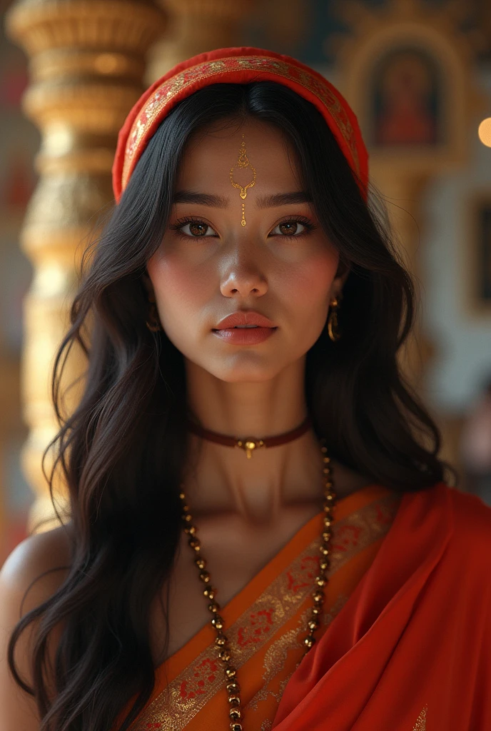 Rashmika madana 25 years old beautiful different face cute sexy Indian girl, curvy body, beautiful different colorful t-shirt in covered jamdani design Bengali style saree, big m-cup tight breast, different side bun hairstyle, bright eyes, thin eyebrows, fair skin, blushing cheeks, head to thigh view, smiling face, Kamasutra expression, Straight front view standing beautiful different Gautam Buddha statue place background, ultra realistic, head to thigh view, black hair, Provocative eye Contact, glossy lips