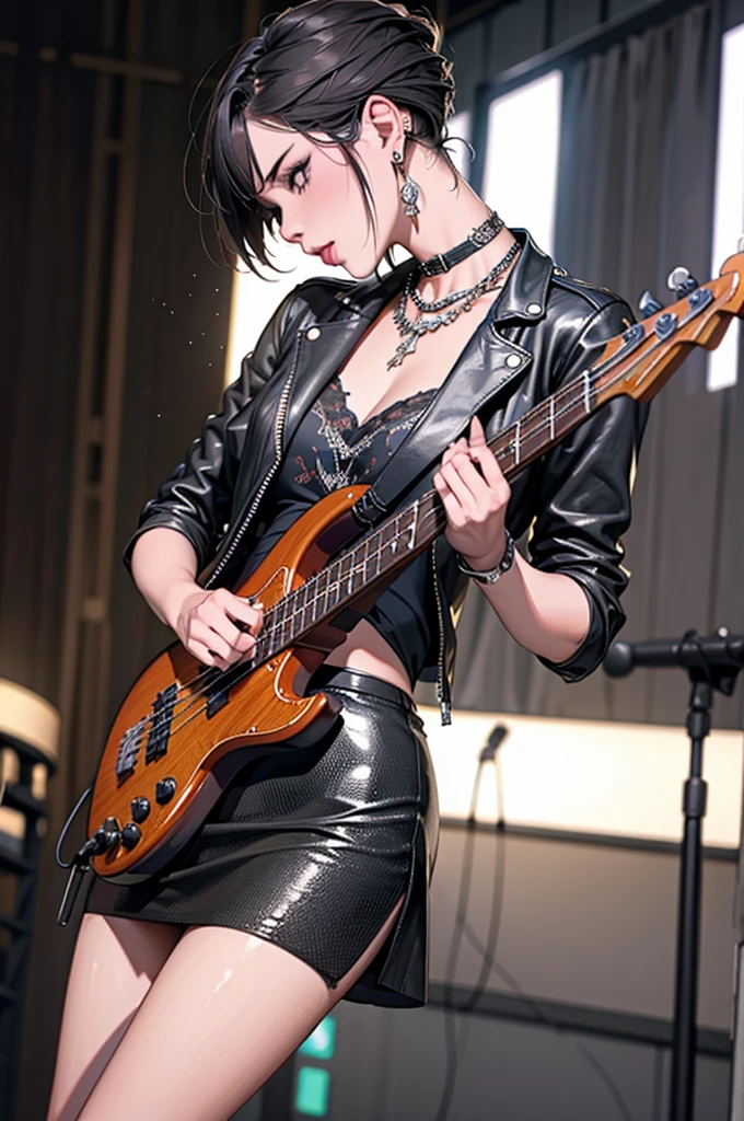 1，Black short hair，Photorealism，detailed，masterpiece， (Lean), Young Girls，Short leather skirt、Dark leather jacket，1，aldult, (Punk Girl)，Earrings、Lip Studs，Dark eyeshadow，high quality，Play bass，High resolution 4K information,stage，Cold，Gorgeous lighting