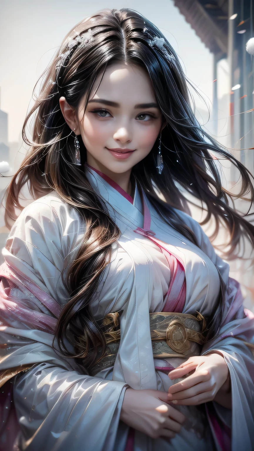 Best quality, 4K picture quality, 1girl, white Hanfu, snow, long hair fluttering in the wind, healing smile, large aperture, blurred background