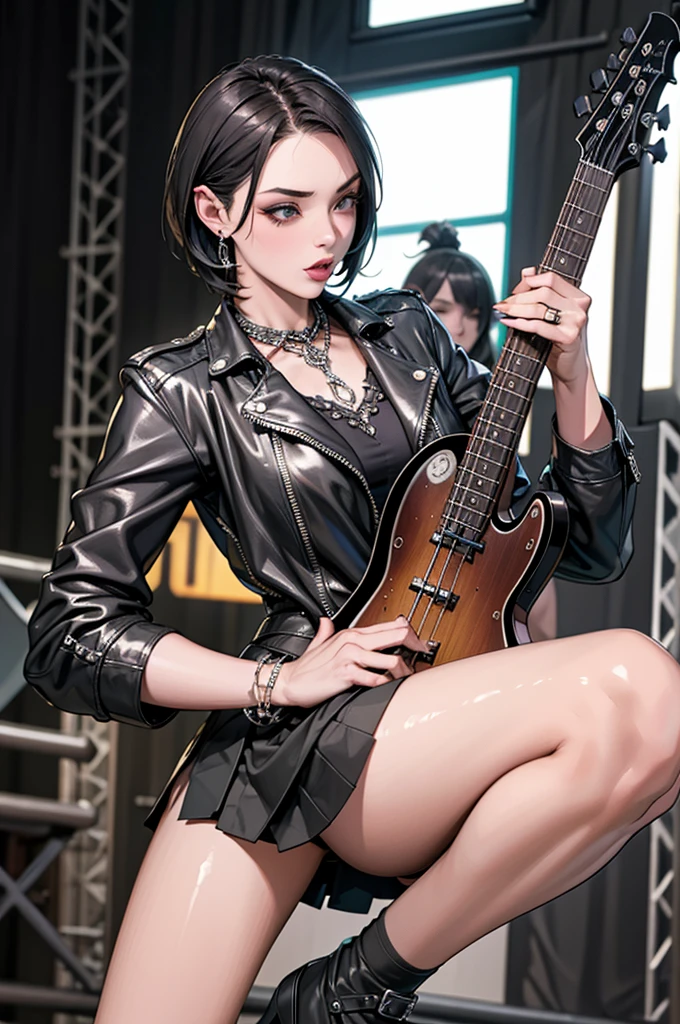 1，Black short hair，Photorealism，detailed，masterpiece， (Lean), Young Girls，Short leather skirt、Dark leather jacket，1，aldult, (Punk Girl)，Earrings、Lip Studs，Dark eyeshadow，high quality，Play bass，High resolution 4K information,stage，Cold，Gorgeous lighting