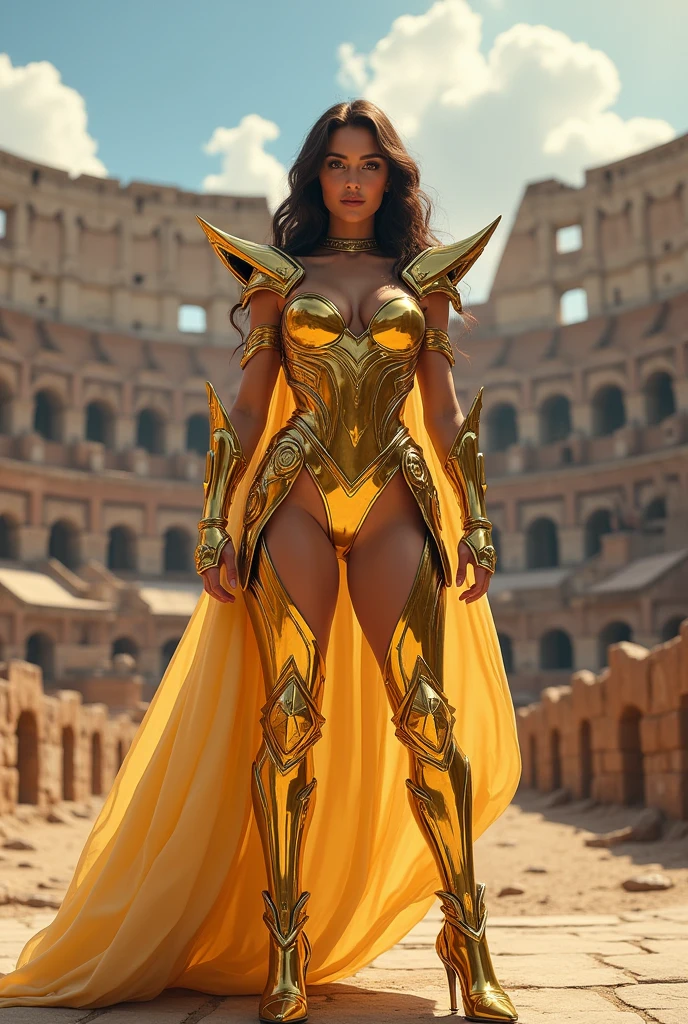 In the martial arts arena of the Colosseum in Greece、Martial arts tournaments、Saint Seiya、beautiful girl、huge breasts、chest neckline、beauty legs、(((Wearing futuristic combat armor that shines gold.))) of virgo