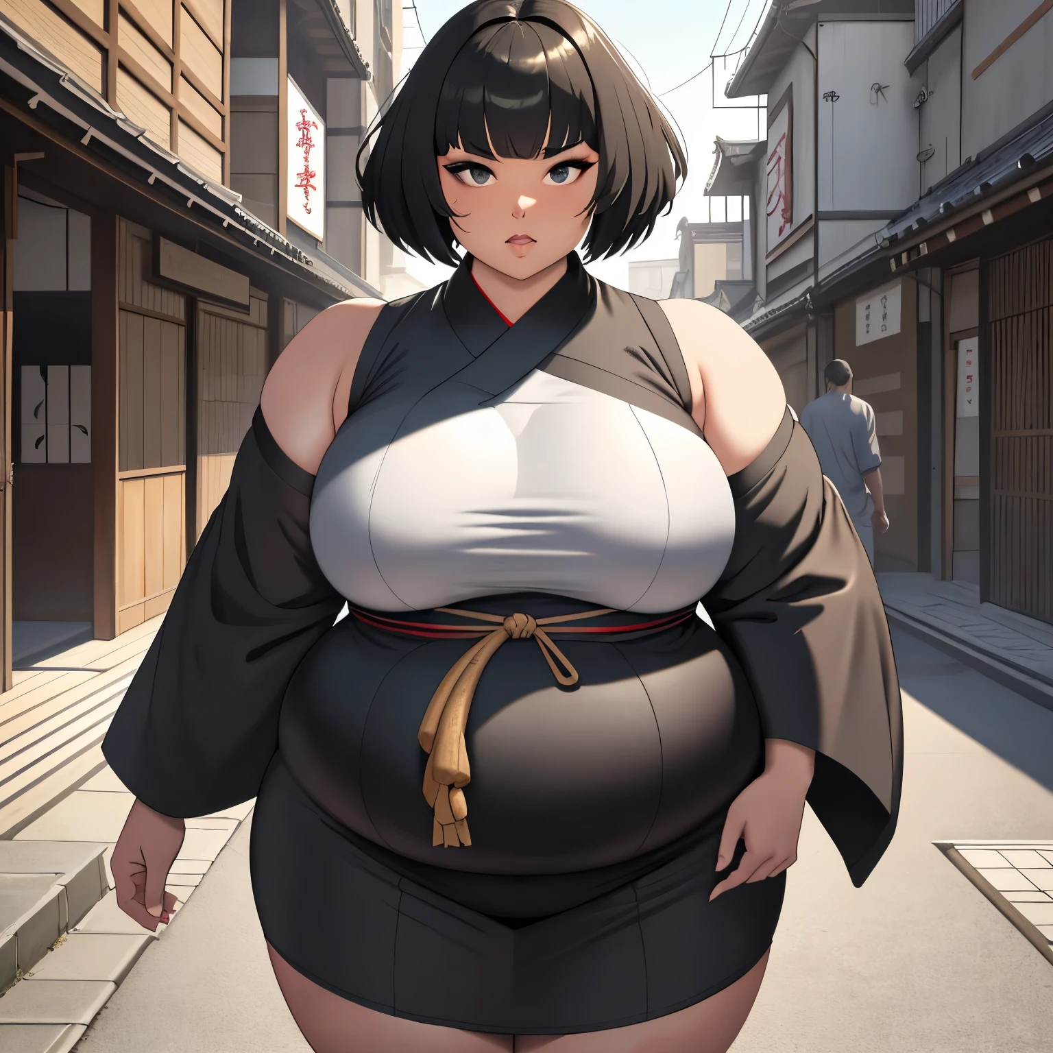 (Masterpiece), (detailed), (high res), (best quality), very fat sumo girl, black square haircut and long haircut, black eyes, tight ripped outgrown white mawashi sumo outfit, very fat sumo girl walking through medieval Japanese city street, very slim, dying from hunger, big breasts, morbid obese
