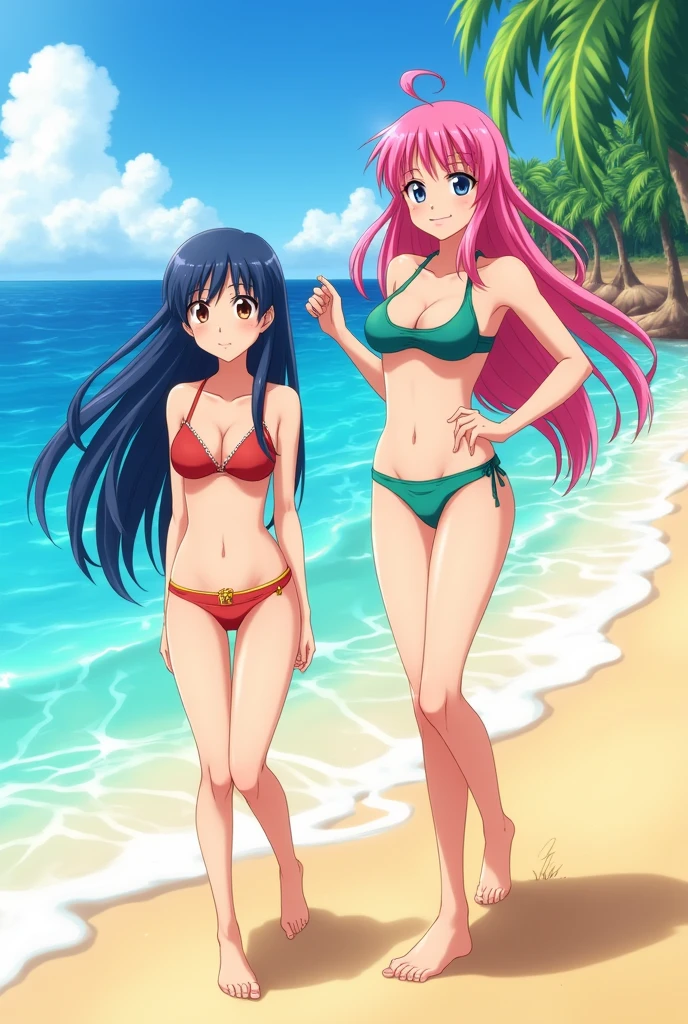 ((paisley bikini)),two japanese girls , one is blue hair another is pink hair,18 years old , cute face ,cleavage between breasts,large breasts,cute face, ponytail ,wave hair,darkcyan eyes,beach,masterpiece, extremely fine and beautiful,gravure,wet body,wet hair,embarrassed,upturned eyes,nsfw,Hourglass figure