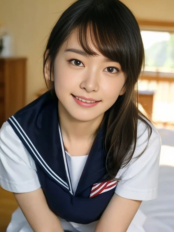 (Masterpiece, Best quality:1.4), (Ultra realistic, Photo-realistic:1.2), Full body, (Women lying, overhead shot), Natural light, 2 actress, Japanese women, Neat and clean, (Sailor suit, School, Dark navy sailor collar, White short sleeve suit, Dark navy pleated skirt, Dark navy ribbon), White socks, (Short Ponytail:1.3), Short wavy hair, Light brown hair color, (Beautiful Faces), Oval face, clear, (Beautiful eyes, Kind eyes), Clear skin, Small face, Small mouth, Beautiful mouth, Natural makeup, Approachable, On the beach, Seductive, (Beautiful thighs), Bedroom eyes, Open leg, nsfw, Lesbian couple, Petting together, Obscene reality of girls, Erotic pose, Erotic smile, 