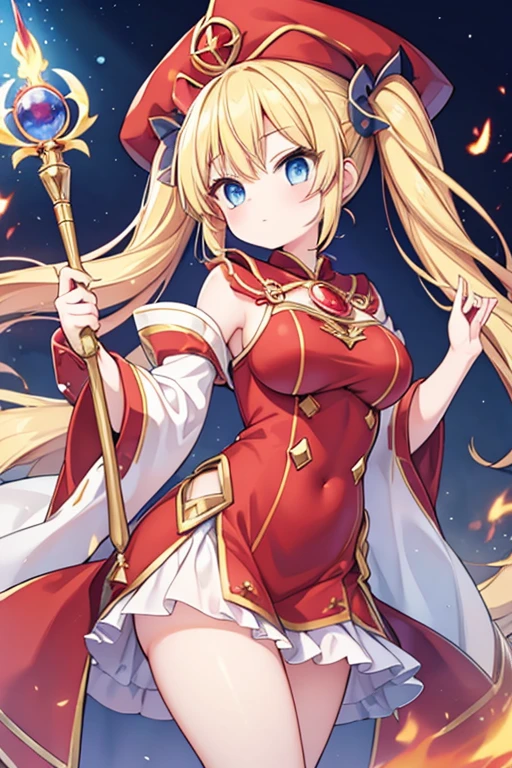 (MASTERPIECE), (Best Quality), (Ultra Detail), Official Art, One Girl, with Golden Hair, Petite Littiestess Lori, See-through Robe in White and Red and Gold, Off Shoulder, Small, Small, Small, Cleavage, Underboob, Thigh Focus, Navel Out, Card Illustration, Cathedral
