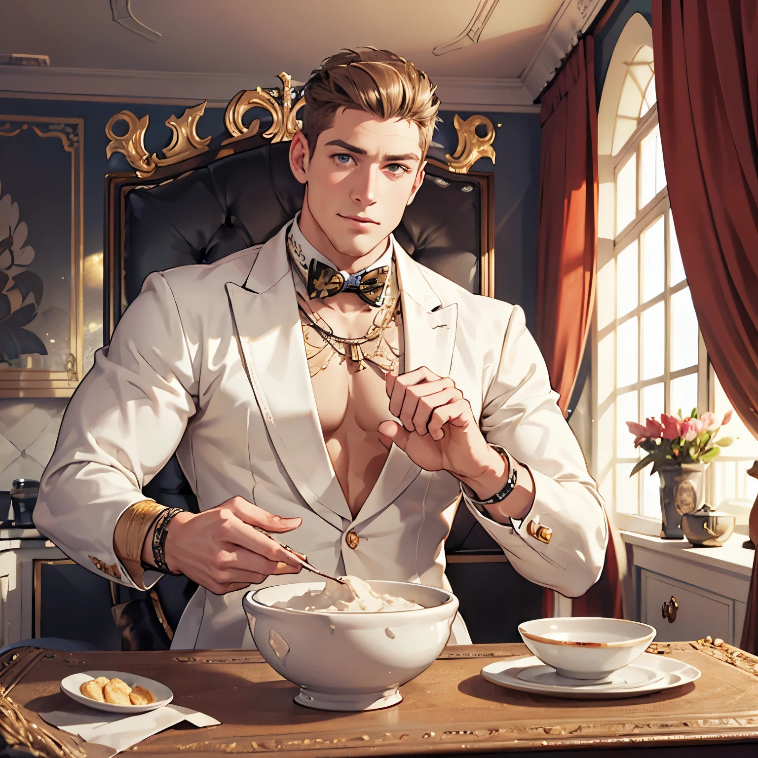 one wealthy young white handsome european hype fashion man looking happy, sniffing directly a small bowl full of thin white flour, on A table of great value, rich well-decorated mansion