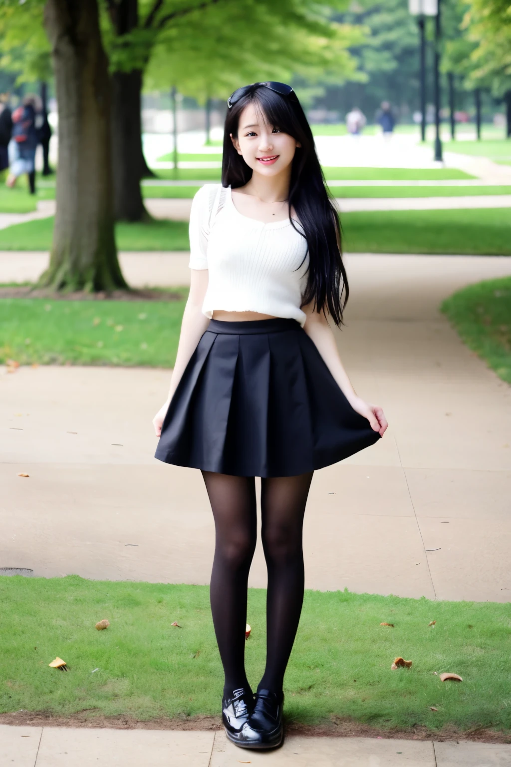 A woman standing on a sidewalk in a black skirt and white top - SeaArt AI